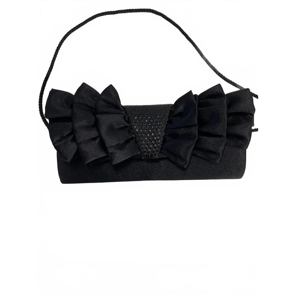 Jessica McClintock Black Ruffle Evening Clutch with Shoulder Strap